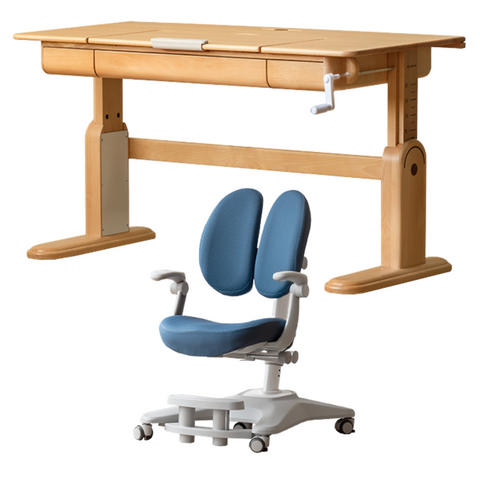 Beech Solid Wood Adjustable Study Table & Bookshelf with Drawer Natural Finish for Kids