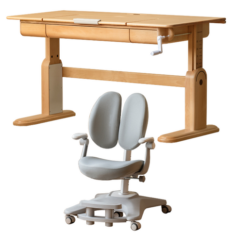 Beech Solid Wood Adjustable Study Table & Bookshelf with Drawer Natural Finish for Kids