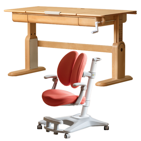 Beech Solid Wood Adjustable Study Table & Bookshelf with Drawer Natural Finish for Kids