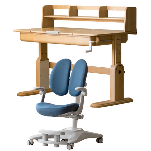 Beech Solid Wood Adjustable Study Table & Bookshelf with Drawer Natural Finish for Kids