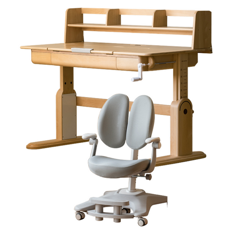 Beech Solid Wood Adjustable Study Table & Bookshelf with Drawer Natural Finish for Kids