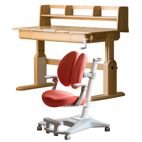 Beech Solid Wood Adjustable Study Table & Bookshelf with Drawer Natural Finish for Kids