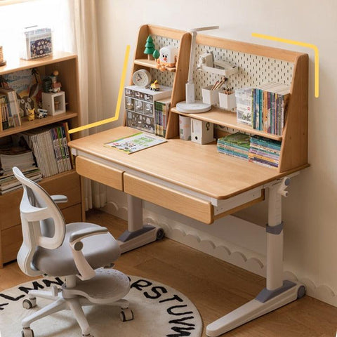 Beech Solid Wood Adjustable Study Table Natural Finish Ergonomic Lift Desk for Home & Kids