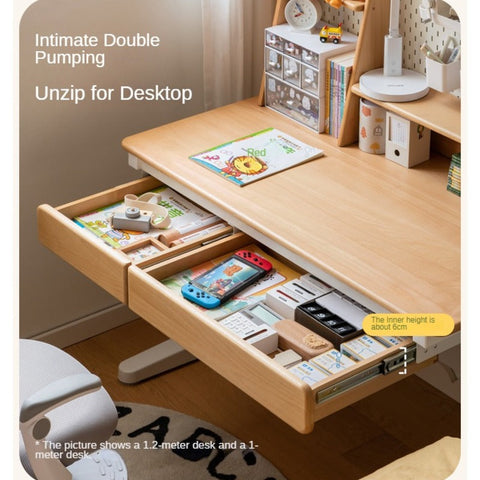 Beech Solid Wood Adjustable Study Table Natural Finish Ergonomic Lift Desk for Home & Kids