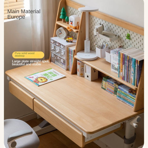 Beech Solid Wood Adjustable Study Table Natural Finish Ergonomic Lift Desk for Home & Kids