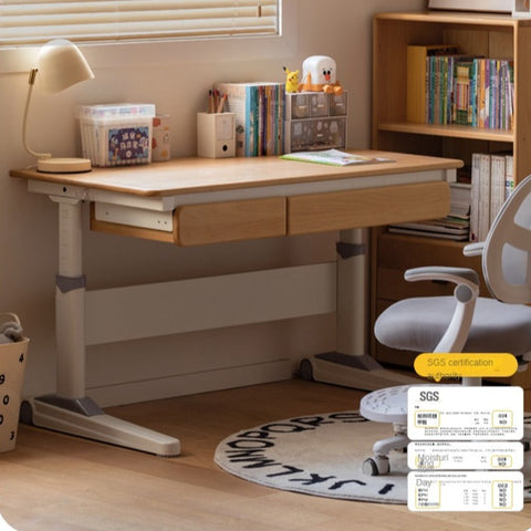 Beech Solid Wood Adjustable Study Table Natural Finish Ergonomic Lift Desk for Home & Kids