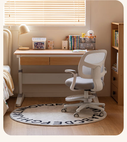Beech Solid Wood Adjustable Study Table Natural Finish Ergonomic Lift Desk for Home & Kids