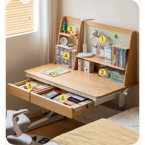 Beech Solid Wood Adjustable Study Table Natural Finish Ergonomic Lift Desk for Home & Kids