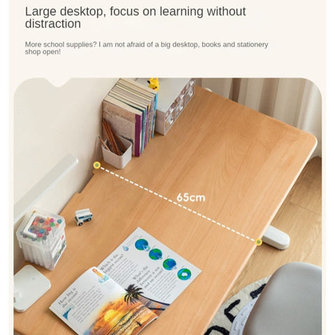Beech Solid Wood Adjustable Study Table Natural Finish Ergonomic Lift Desk for Home & Kids