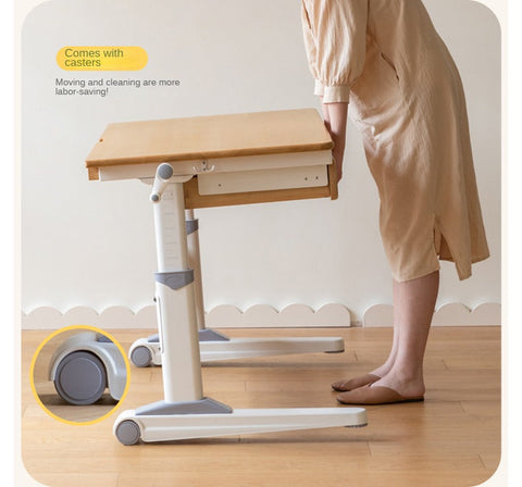 Beech Solid Wood Adjustable Study Table Natural Finish Ergonomic Lift Desk for Home & Kids