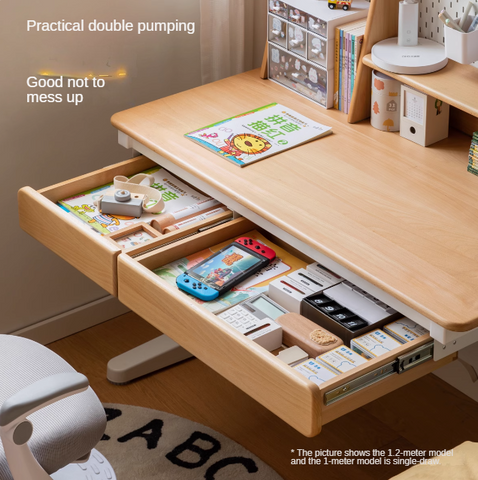 Beech Solid Wood Adjustable Study Table Natural Finish Ergonomic Lift Desk for Home & Kids