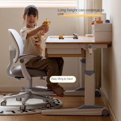Beech Solid Wood Adjustable Study Table Natural Finish Ergonomic Lift Desk for Home & Kids