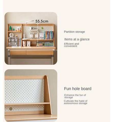 Beech Solid Wood Adjustable Study Table Natural Finish Ergonomic Lift Desk for Home & Kids