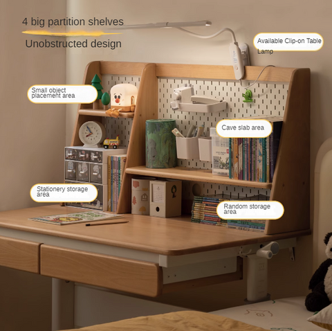 Beech Solid Wood Adjustable Study Table Natural Finish Ergonomic Lift Desk for Home & Kids