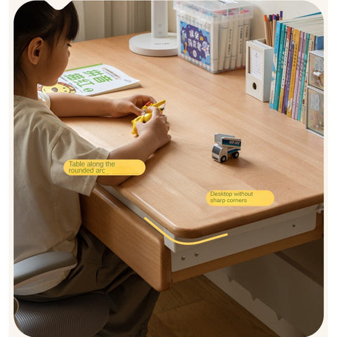 Beech Solid Wood Adjustable Study Table Natural Finish Ergonomic Lift Desk for Home & Kids