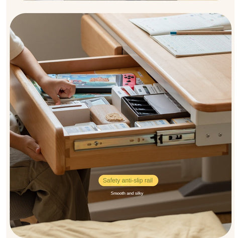 Beech Solid Wood Adjustable Study Table Natural Finish Ergonomic Lift Desk for Home & Kids
