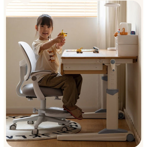 Beech Solid Wood Adjustable Study Table Natural Finish Ergonomic Lift Desk for Home & Kids