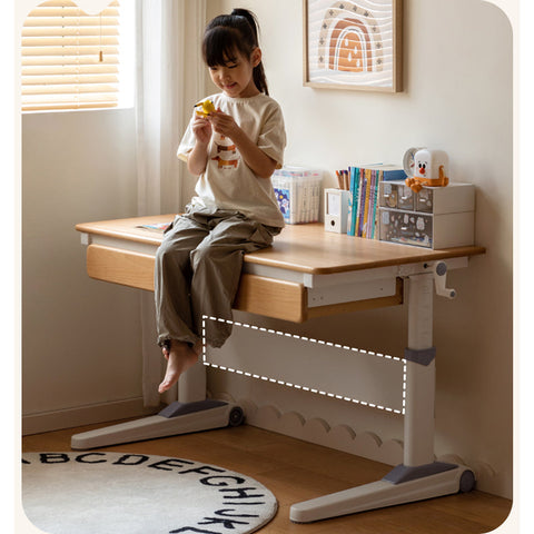 Beech Solid Wood Adjustable Study Table Natural Finish Ergonomic Lift Desk for Home & Kids