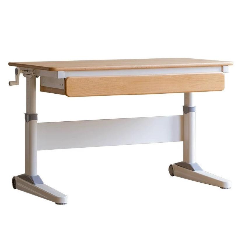 Beech Solid Wood Adjustable Study Table Natural Finish Ergonomic Lift Desk for Home & Kids