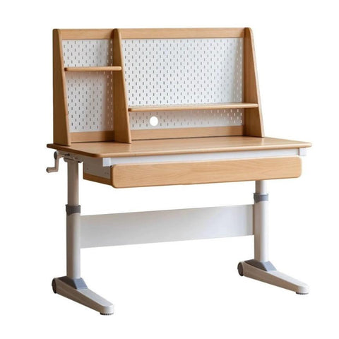 Beech Solid Wood Adjustable Study Table Natural Finish Ergonomic Lift Desk for Home & Kids