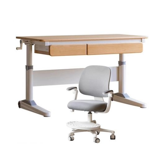Beech Solid Wood Adjustable Study Table Natural Finish Ergonomic Lift Desk for Home & Kids