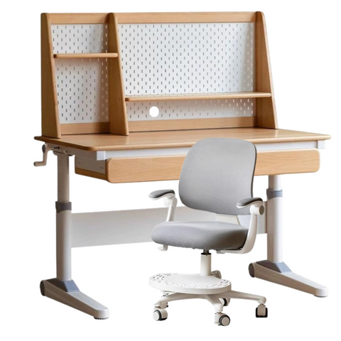 Beech Solid Wood Adjustable Study Table Natural Finish Ergonomic Lift Desk for Home & Kids