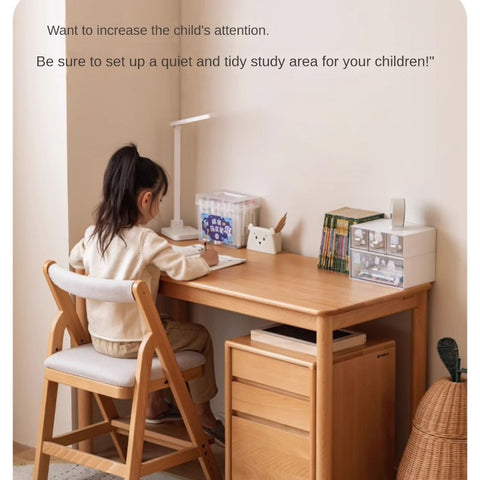 Beech Solid Wood Kids Writing Desk Natural Oak Finish Minimalist Study Table with Storage Drawers