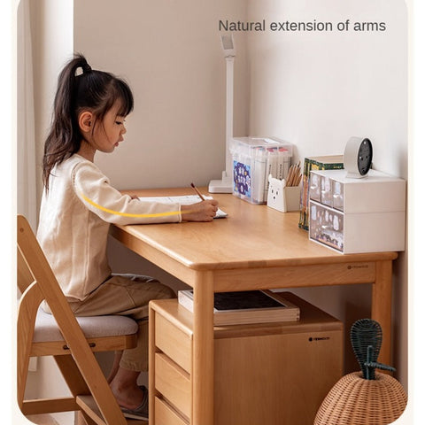 Beech Solid Wood Kids Writing Desk Natural Oak Finish Minimalist Study Table with Storage Drawers