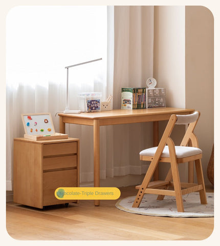 Beech Solid Wood Kids Writing Desk Natural Oak Finish Minimalist Study Table with Storage Drawers