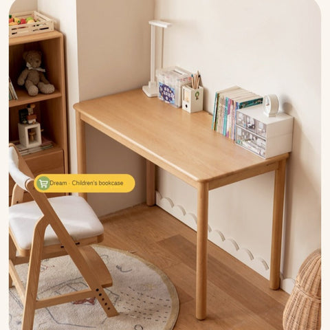 Beech Solid Wood Kids Writing Desk Natural Oak Finish Minimalist Study Table with Storage Drawers