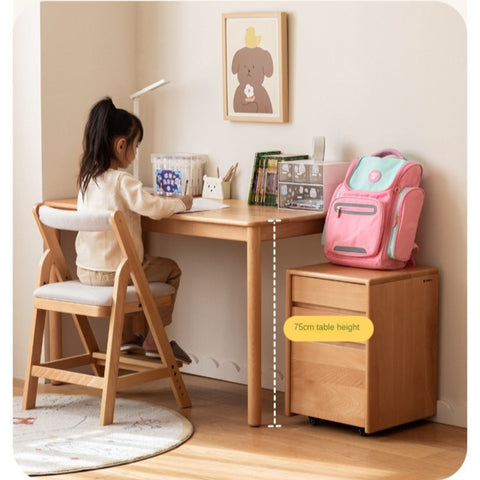 Beech Solid Wood Kids Writing Desk Natural Oak Finish Minimalist Study Table with Storage Drawers