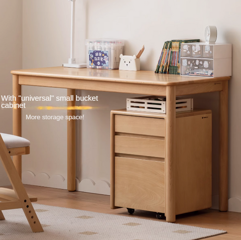 Beech Solid Wood Kids Writing Desk Natural Oak Finish Minimalist Study Table with Storage Drawers