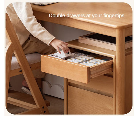 Beech Solid Wood Kids Writing Desk Natural Oak Finish Minimalist Study Table with Storage Drawers