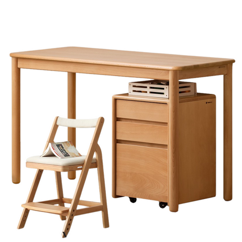 Beech Solid Wood Kids Writing Desk Natural Oak Finish Minimalist Study Table with Storage Drawers