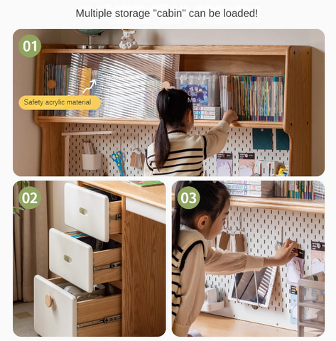Oak Solid Wood Children’s Study Desk with Bookshelf Modern Light Wood Storage Table