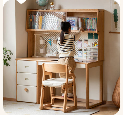 Oak Solid Wood Children’s Study Desk with Bookshelf Modern Light Wood Storage Table