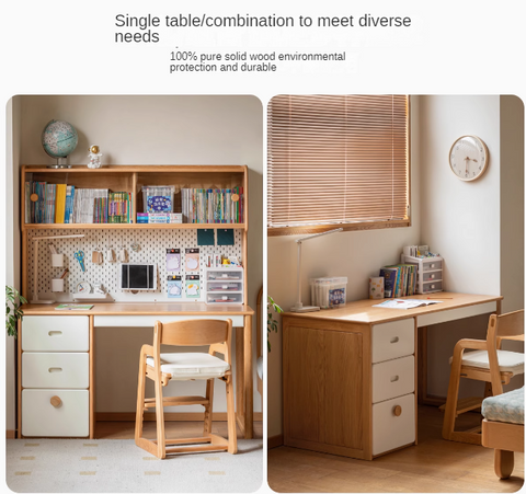 Oak Solid Wood Children’s Study Desk with Bookshelf Modern Light Wood Storage Table