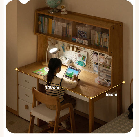 Oak Solid Wood Children’s Study Desk with Bookshelf Modern Light Wood Storage Table