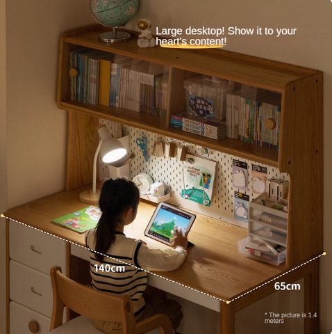 Oak Solid Wood Children’s Study Desk with Bookshelf Modern Light Wood Storage Table
