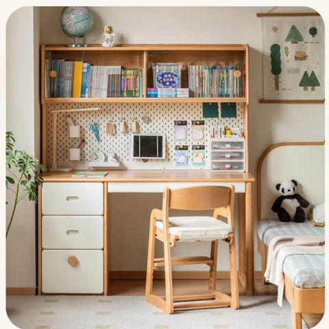 Oak Solid Wood Children’s Study Desk with Bookshelf Modern Light Wood Storage Table