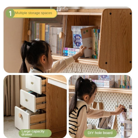 Oak Solid Wood Children’s Study Desk with Bookshelf Modern Light Wood Storage Table