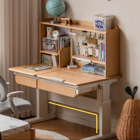 Beech Solid Wood Hand Crank Height Adjustable Study Desk for Children Natural Finish with Storage Basket