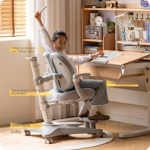 Beech Solid Wood Hand Crank Height Adjustable Study Desk for Children Natural Finish with Storage Basket