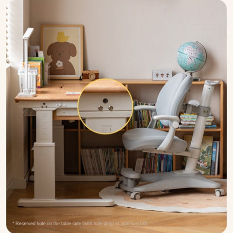Beech Solid Wood Hand Crank Height Adjustable Study Desk for Children Natural Finish with Storage Basket