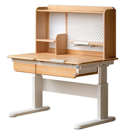 Beech Solid Wood Hand Crank Height Adjustable Study Desk for Children Natural Finish with Storage Basket
