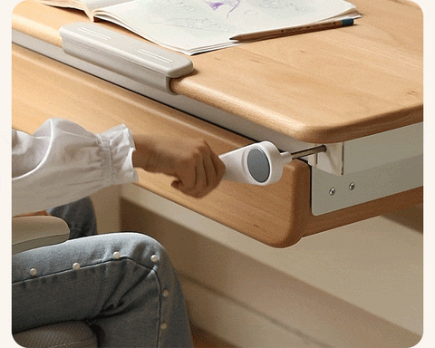 Beech Solid Wood Hand Crank Height Adjustable Study Desk for Children Natural Finish with Storage Basket