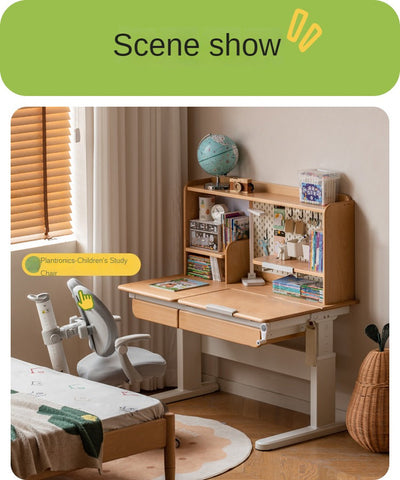 Beech Solid Wood Hand Crank Height Adjustable Study Desk for Children Natural Finish with Storage Basket