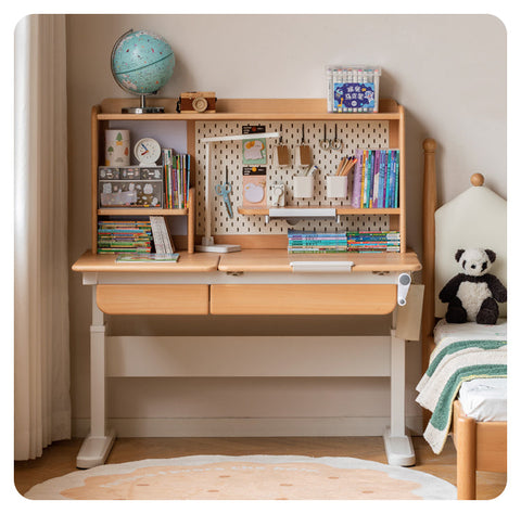 Beech Solid Wood Hand Crank Height Adjustable Study Desk for Children Natural Finish with Storage Basket