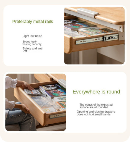 Beech Solid Wood Hand Crank Height Adjustable Study Desk for Children Natural Finish with Storage Basket