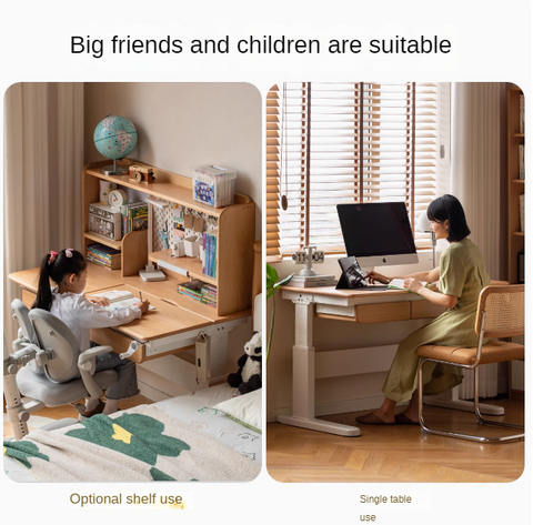 Beech Solid Wood Hand Crank Height Adjustable Study Desk for Children Natural Finish with Storage Basket